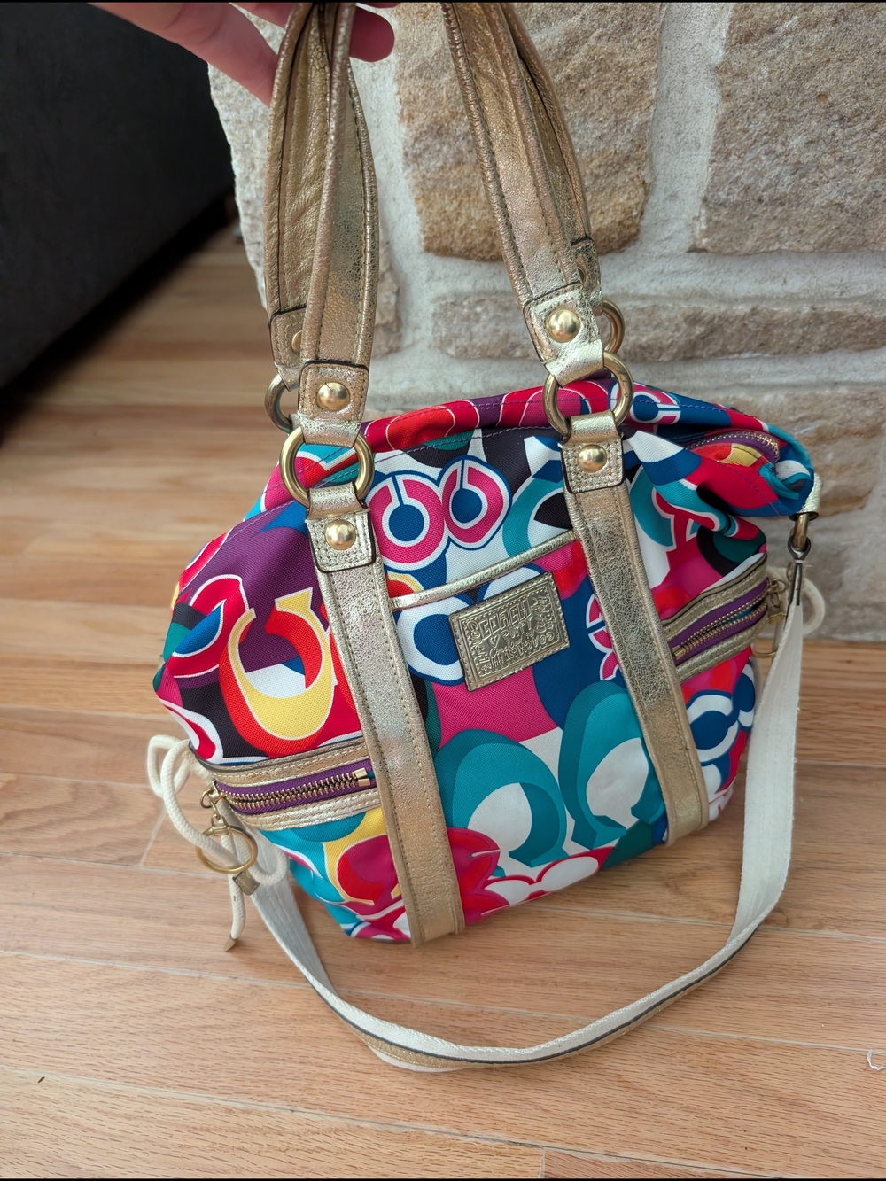 Vintage 90s Coach Poppy Colorway Multicolor Graphic Shoulder Bag with Gold Trim